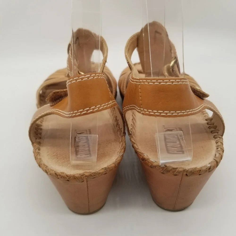 Pikolinos Women Tan Leather‎ T-Strap Wedge Sandals  41 Floral Cutout Peep Toe